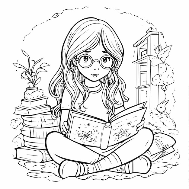 Ilustración para colorear página de libro mujeres leen libro