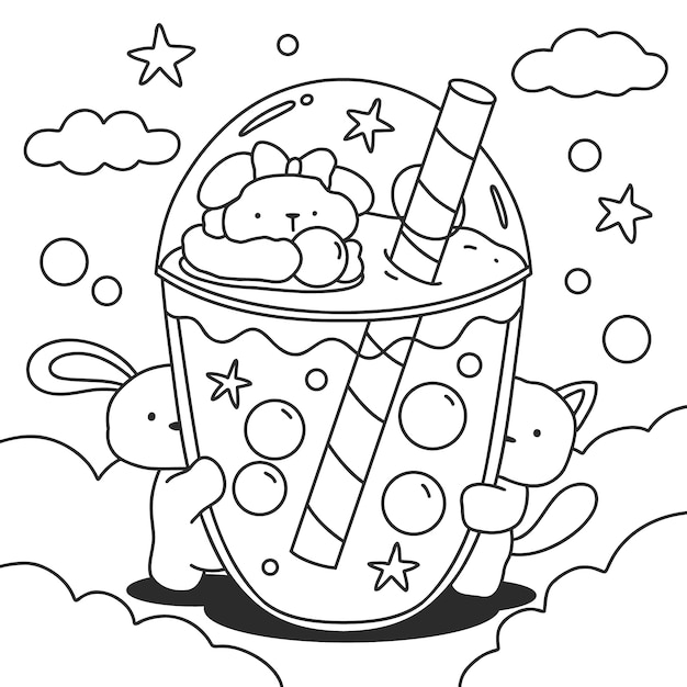 Ilustración para colorear de la página de té de burbuja kawaii dibujado a mano