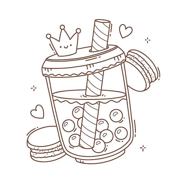 Ilustración para colorear de la página de té de burbuja kawaii dibujado a mano