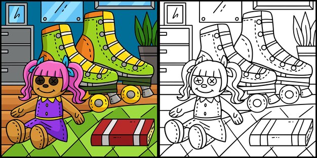 Ilustración para colorear de patines y muñecas