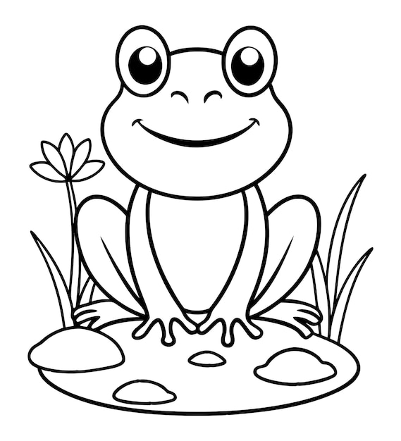 Ilustración para colorear de una rana bebé con una flor en la hierba