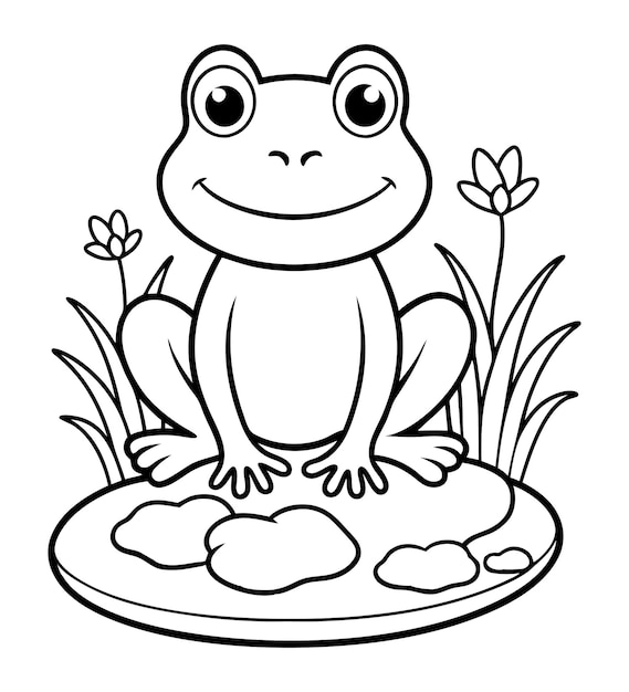 Ilustración para colorear de una rana bebé con una flor en la hierba