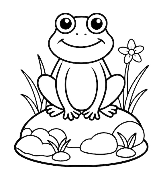 Ilustración para colorear de una rana bebé con una flor en la hierba