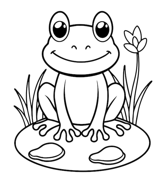 Ilustración para colorear de una rana bebé con una flor en la hierba