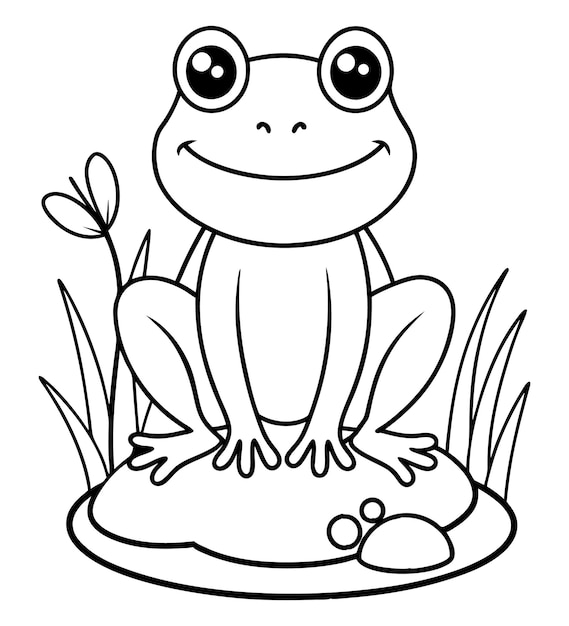 Ilustración para colorear de una rana bebé con una flor en la hierba