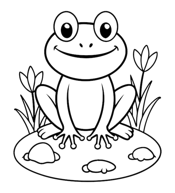 Ilustración para colorear de una rana bebé con una flor en la hierba