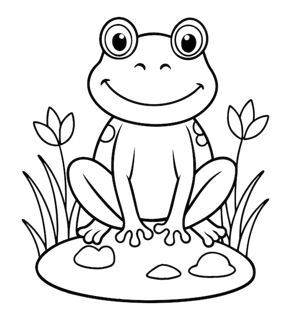 Ilustración para colorear de una rana bebé con una flor en la hierba