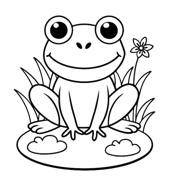 Ilustración para colorear de una rana bebé con una flor en la hierba