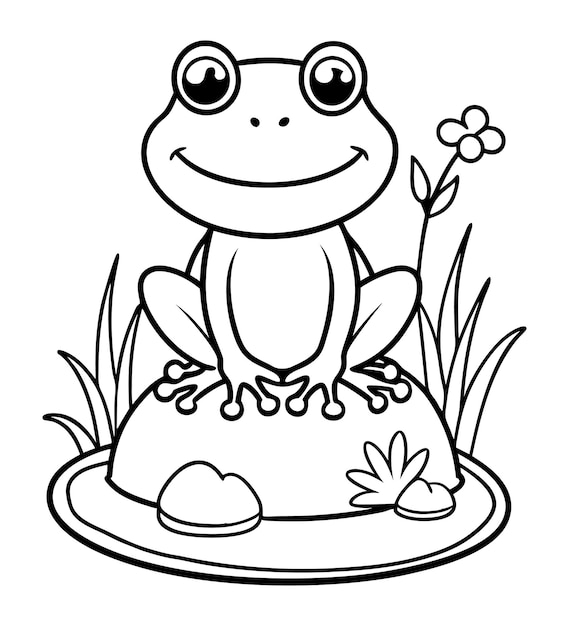Ilustración para colorear de una rana bebé con una flor en la hierba