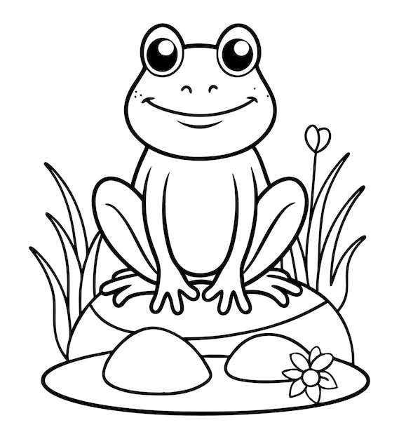 Ilustración para colorear de una rana bebé con una flor en la hierba