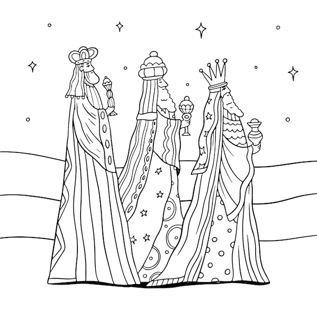 Vector ilustración para colorear de reyes magos dibujada a mano