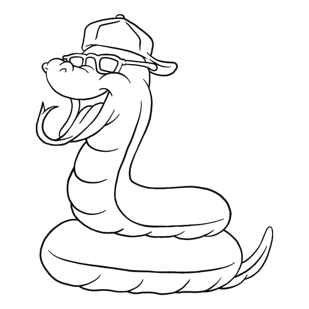 Ilustración para colorear de serpiente feliz de dibujos animados con sombrero y gafas