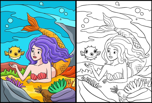 Ilustración para colorear de la sirena y el pez globo