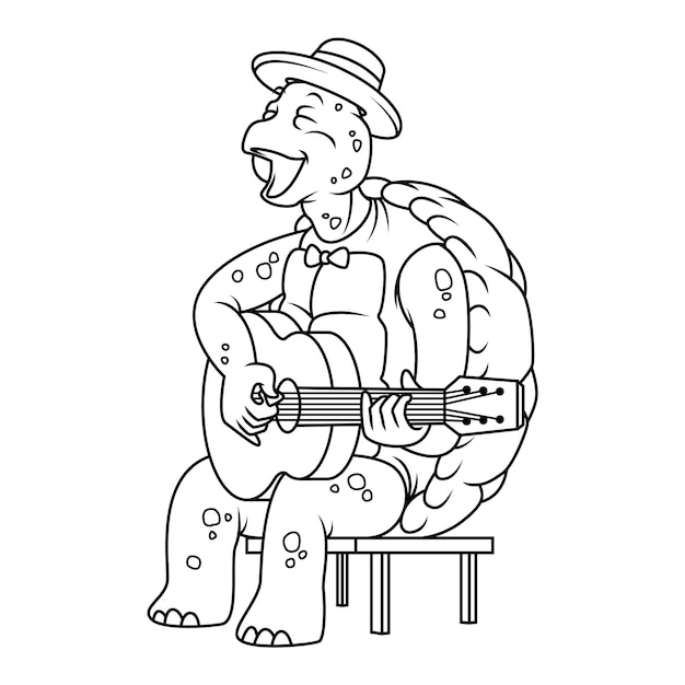 Ilustración para colorear de tortuga de dibujos animados tocando una guitarra acústica