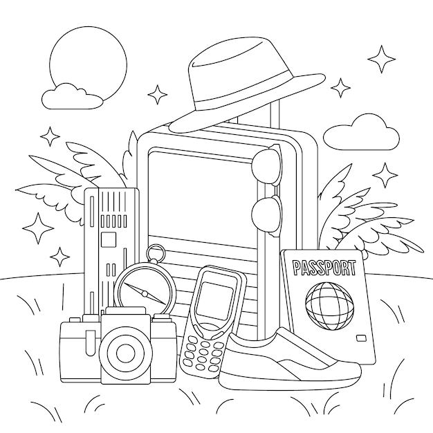 Ilustración para colorear de viaje dibujada a mano