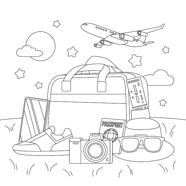 Ilustración para colorear de viaje dibujada a mano