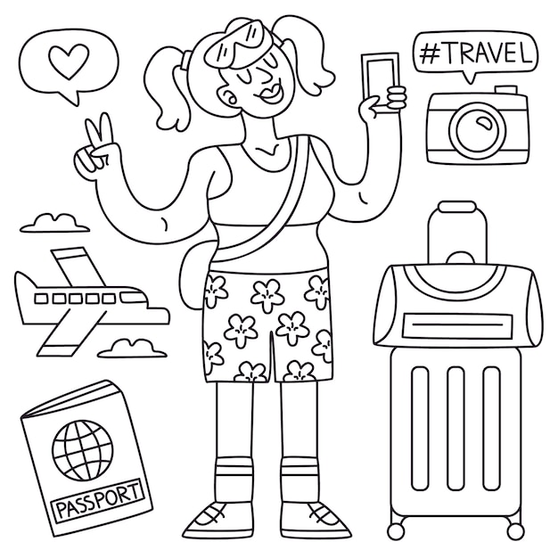 Ilustración para colorear de viaje dibujada a mano