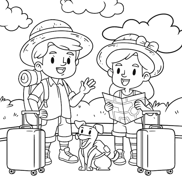 Ilustración para colorear de viaje dibujada a mano