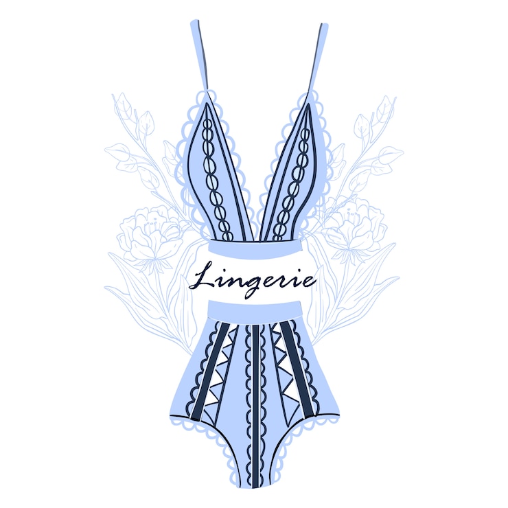 Vector ilustración en colores azules con lencería y flores elegantes aisladas