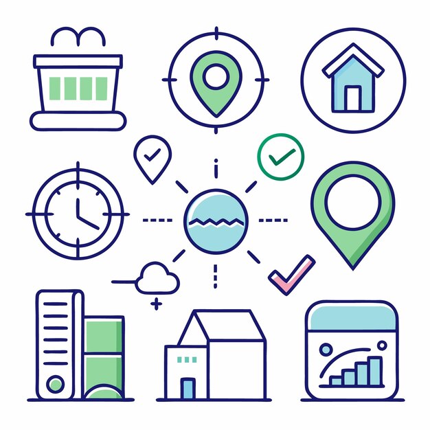 Una ilustración colorida de 10 iconos de negocios, incluidos datos de hora de ubicación del hogar y gráficos que representan un concepto de estrategia de negocios