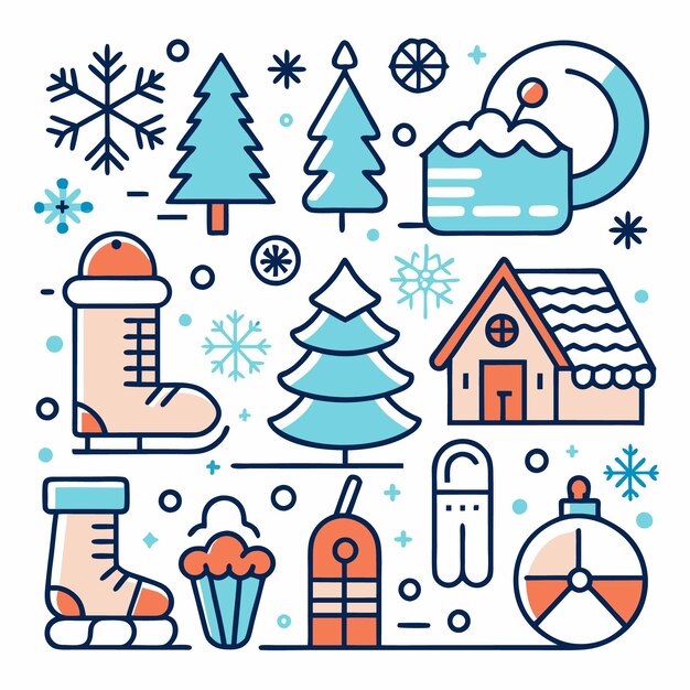 Una ilustración colorida de las actividades de invierno, incluidos los muñecos de nieve patinadores y las cabañas acogedoras