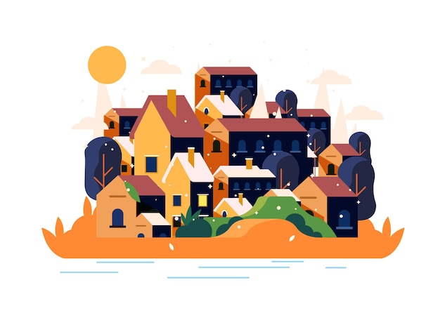 Ilustración colorida de una aldea