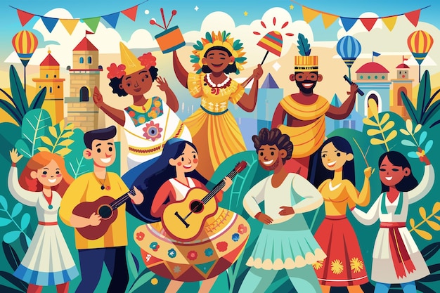 Vector ilustración colorida de un animado festival al aire libre con diversas personas que participan en música, baile y preparación de comida rodeadas de decoraciones y elementos botánicos