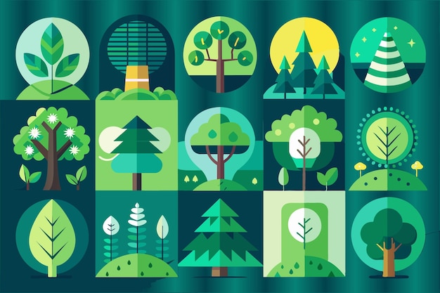 una ilustración colorida de árboles y un bosque con un fondo verde