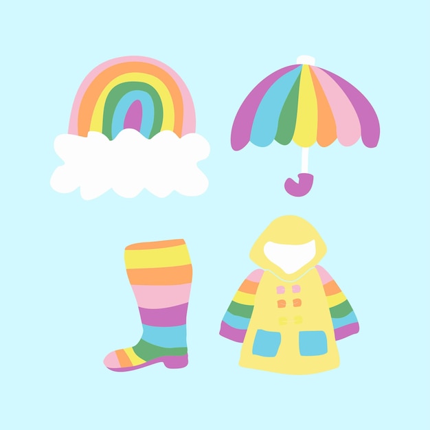 Una ilustración colorida de un arco iris y botas de lluvia