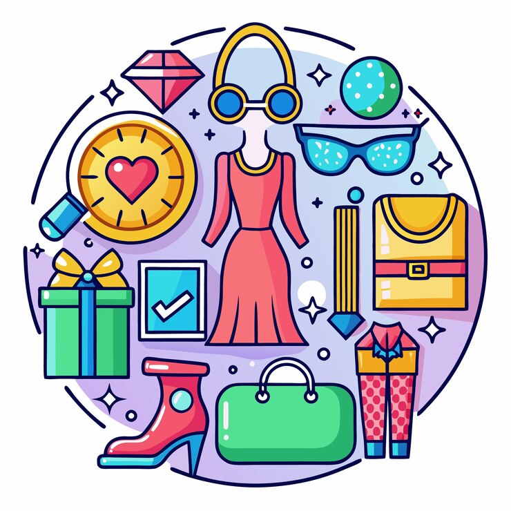 Vector ilustración colorida de artículos de moda en un círculo