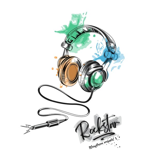 Ilustración colorida de auriculares. musica retro