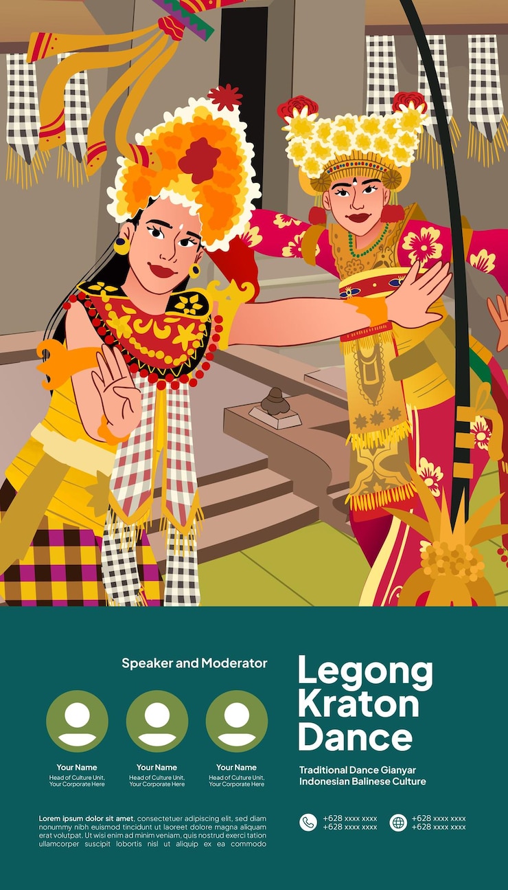Vector ilustración colorida de bailarines de la cultura balinesa para redes sociales o carteles de eventos