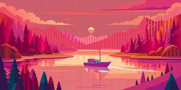 Vector una ilustración colorida de un barco en un lago con montañas en el fondo