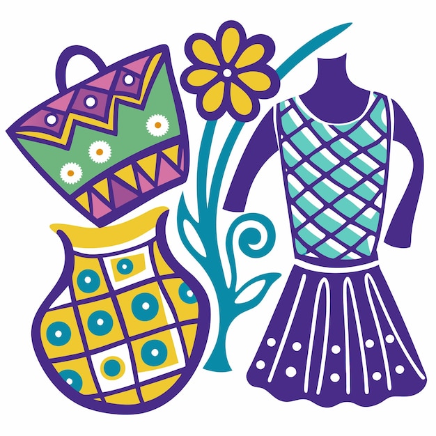 Ilustración colorida de una bolsa de flores y un jarrón