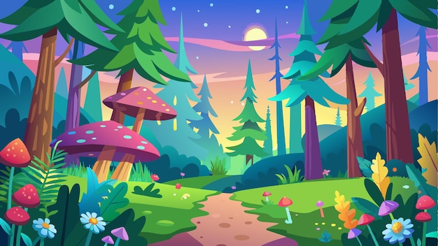 una ilustración colorida de un bosque con una escena del bosque