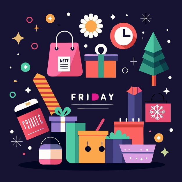 Ilustración colorida de cajas de regalos, bolsas de compras y otros elementos festivos en fondo oscuro con texto de "Fridayquot"