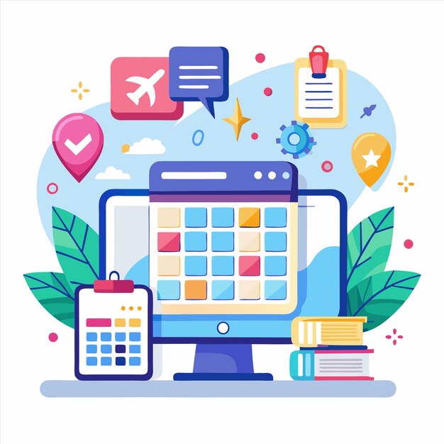 una ilustración colorida de un calendario con un calendario que dice "viajes internacionales"