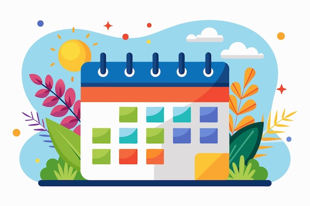 Una ilustración colorida de un calendario con un sol brillante brillando en el fondo y hojas a cada lado