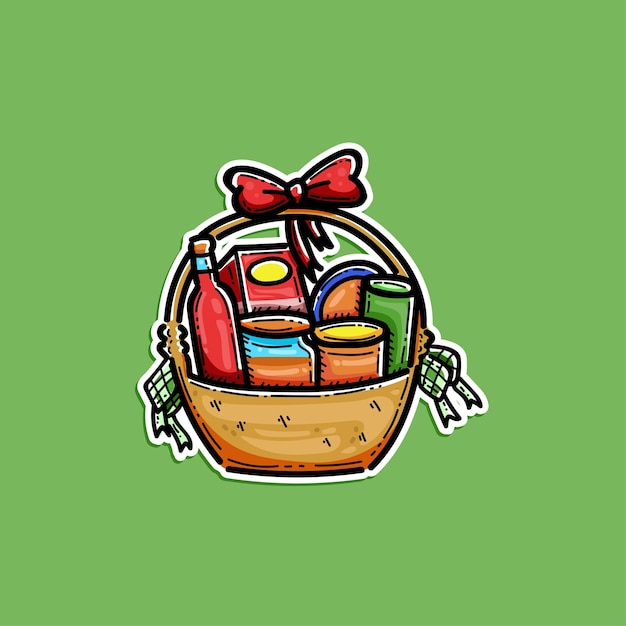 Ilustración colorida de una canasta de regalos o pantalones con comida y bebidas sobre un fondo verde