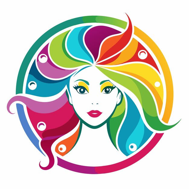 Una ilustración colorida de la cara de una mujer con el cabello arco iris en un círculo con un fondo blanco
