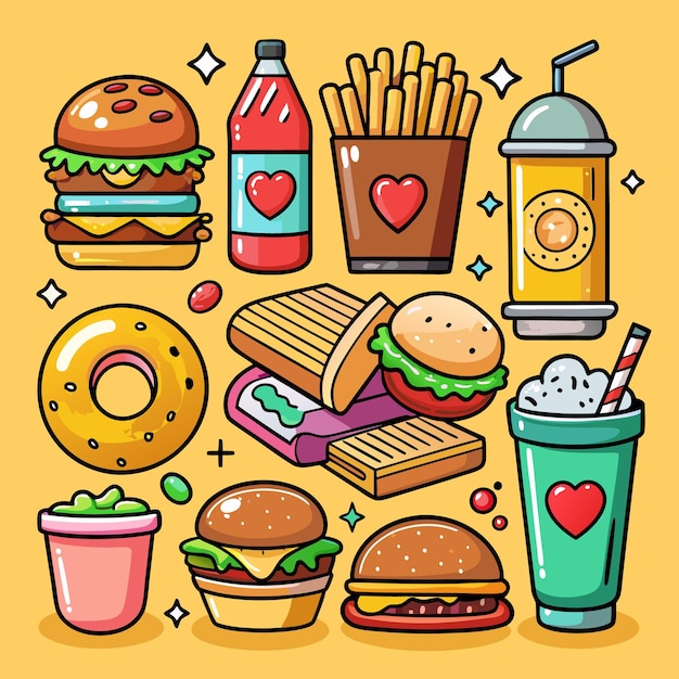 Una ilustración colorida y caricaturizada de comida rápida