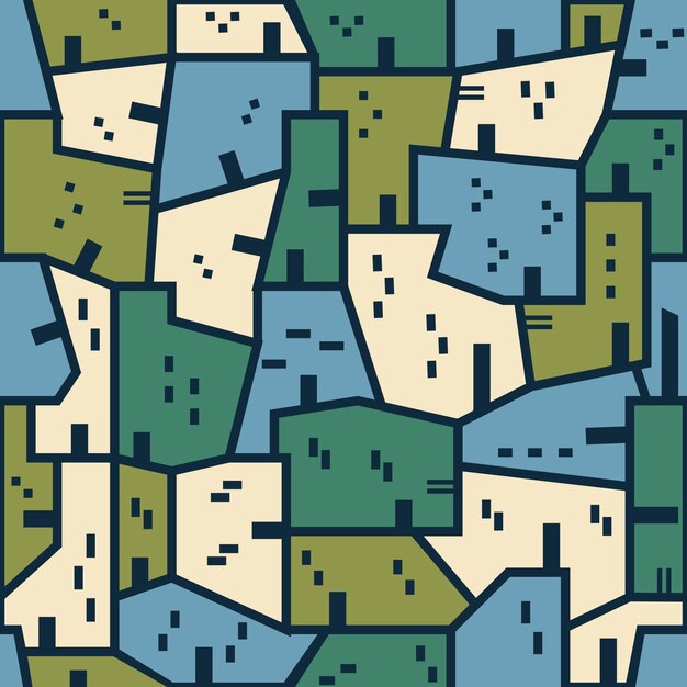 una ilustración colorida de una casa azul y verde con un fondo azul