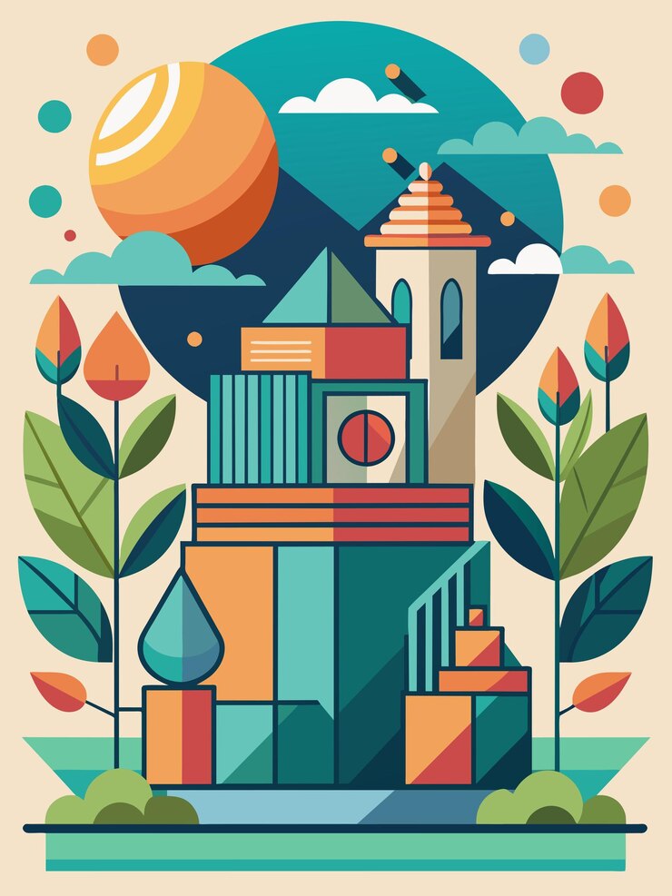 una ilustración colorida de una casa con una casa y árboles