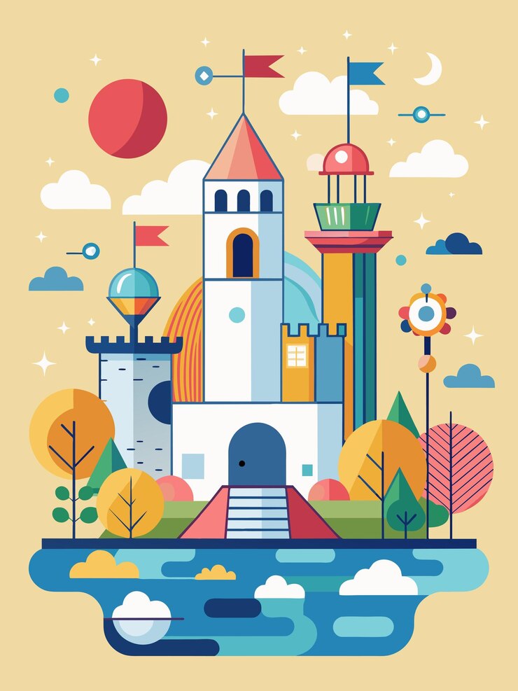 una ilustración colorida de un castillo con un castillo y un castillo en la parte superior