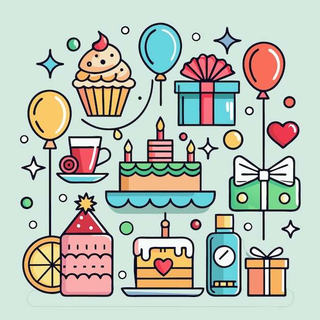 Ilustración colorida de la celebración del cumpleaños con regalos de pastel y globos