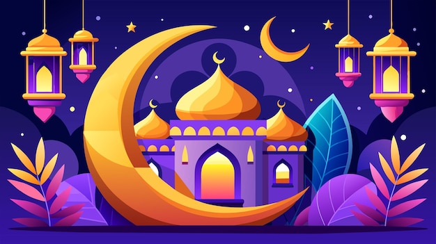 Ilustración colorida de la celebración del eid con luna creciente