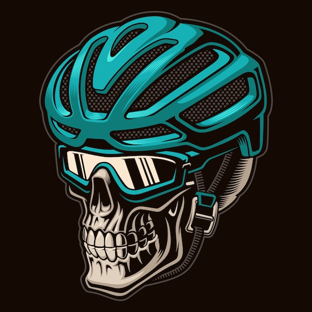 Vector ilustración colorida de un ciclista de cráneo en casco sobre el fondo oscuro.