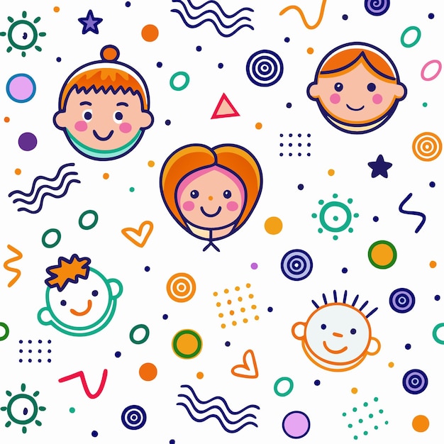 Ilustración colorida de cinco caricaturas de rostros de niños con formas geométricas y abstractas en el fondo