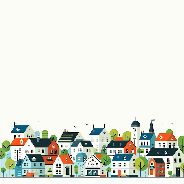 una ilustración colorida de una ciudad con casas y árboles