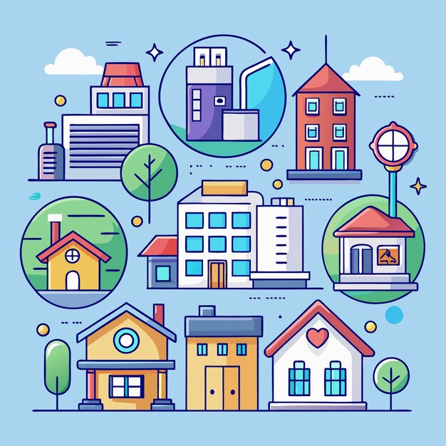 Ilustración colorida de una ciudad con casas, edificios y árboles